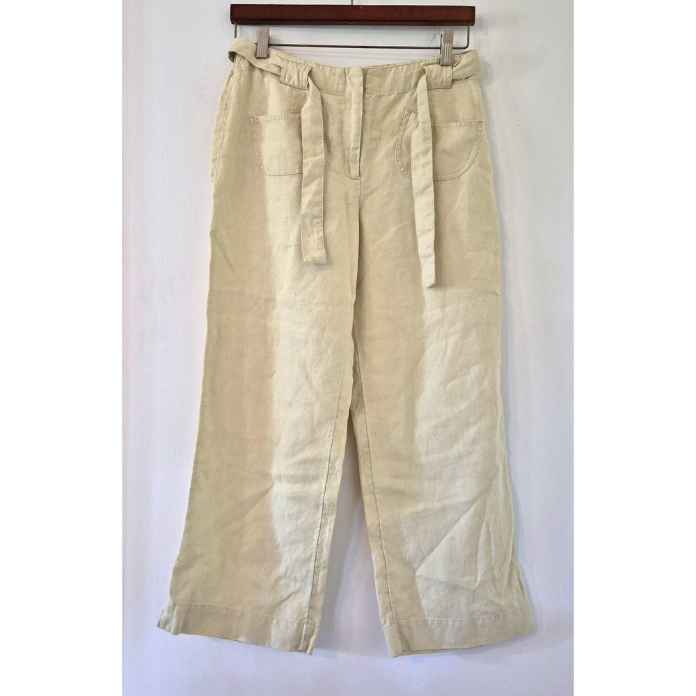 J. Jill Size 6 100% Linen Wide Leg Cropped Pants Tie Waist Coastal Lagenlook